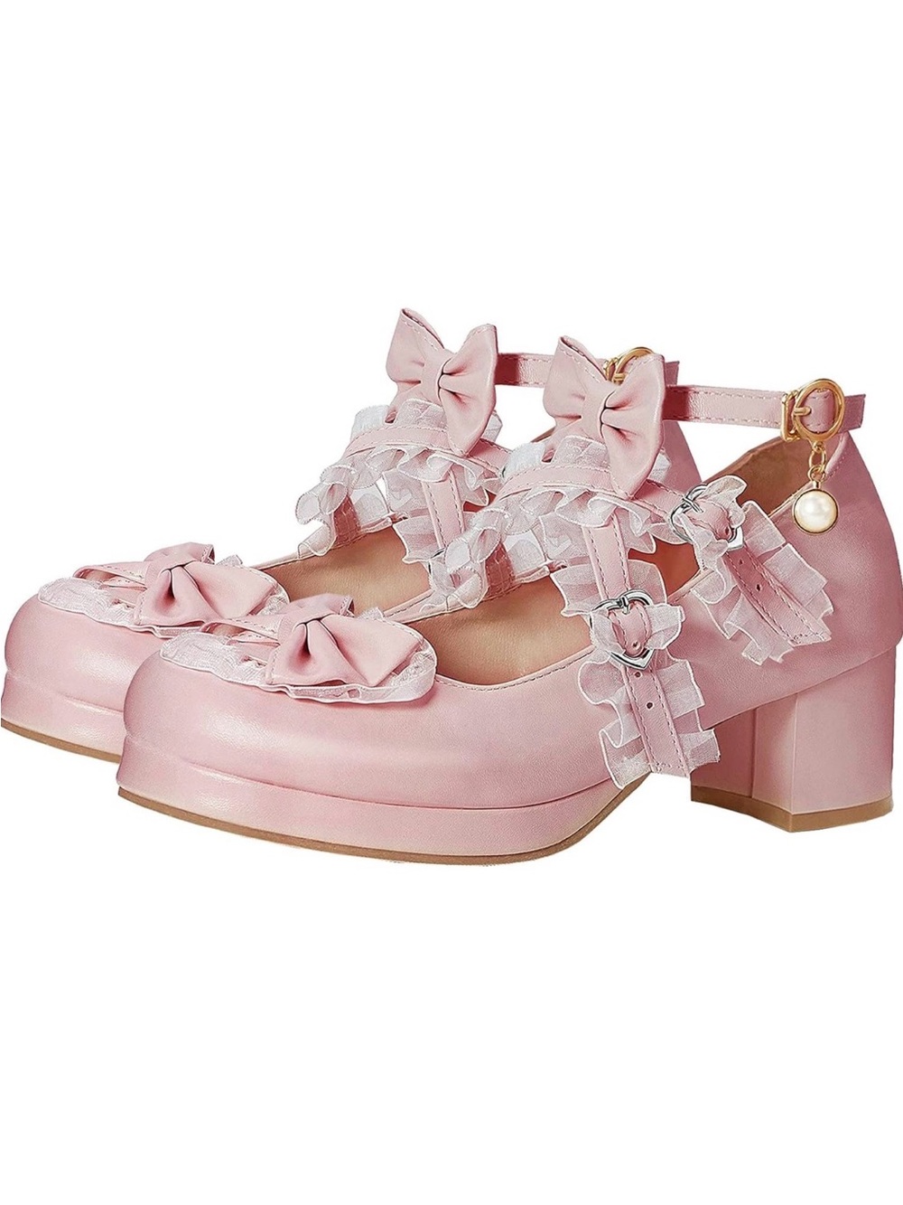 Delicate Pink Bow Mary Jane Block Heels with Pearl Charm